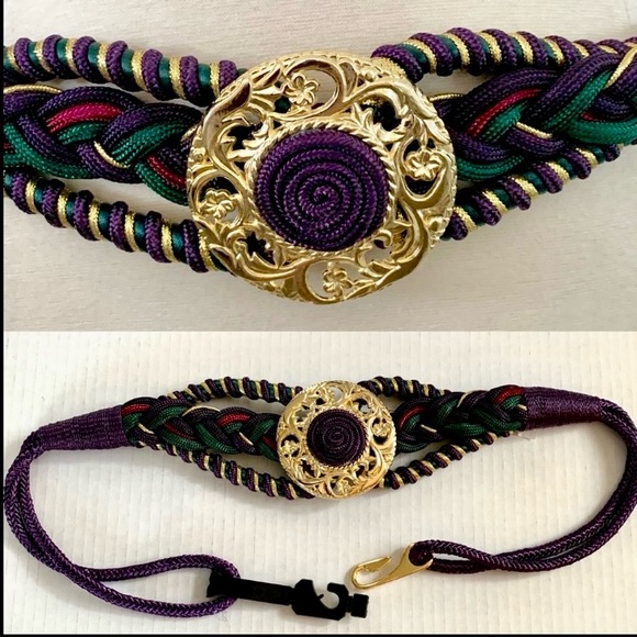 vintage 80’s 90’s statement belt stretch braided Jewel tones Purple Green Gold - Picture 10 of 10